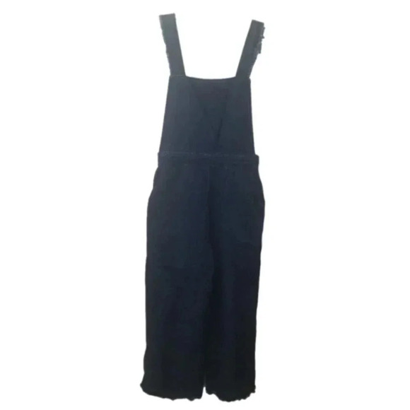 Zara Woman Premium Denim Wide  Leg Dark Wash Raw Hem Cropped Overalls M - Picture 2 of 14